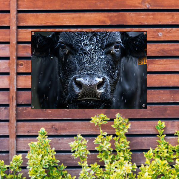 Koe in de regen op gedetailleerde wijze tuinposter
