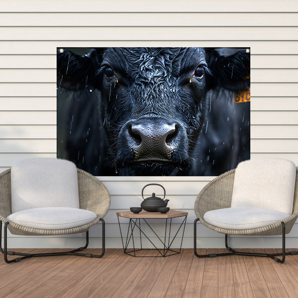 Koe in de regen op gedetailleerde wijze tuinposter