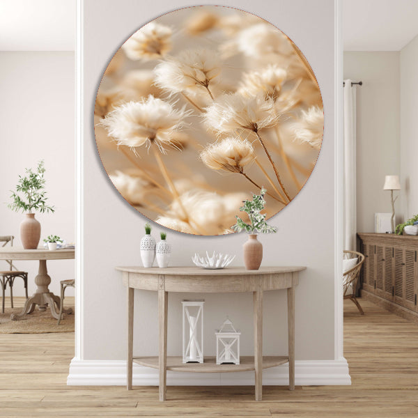 Pluizige Witte Bloemen op Stengels aluminium muurcirkel