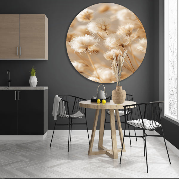 Pluizige Witte Bloemen op Stengels aluminium muurcirkel