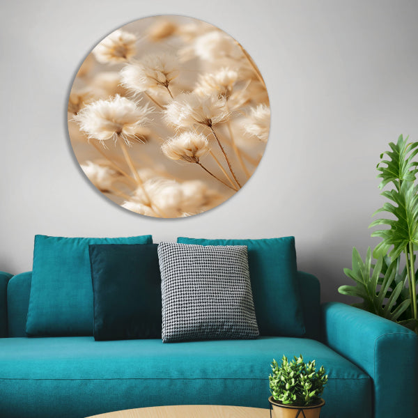 Pluizige Witte Bloemen op Stengels aluminium muurcirkel