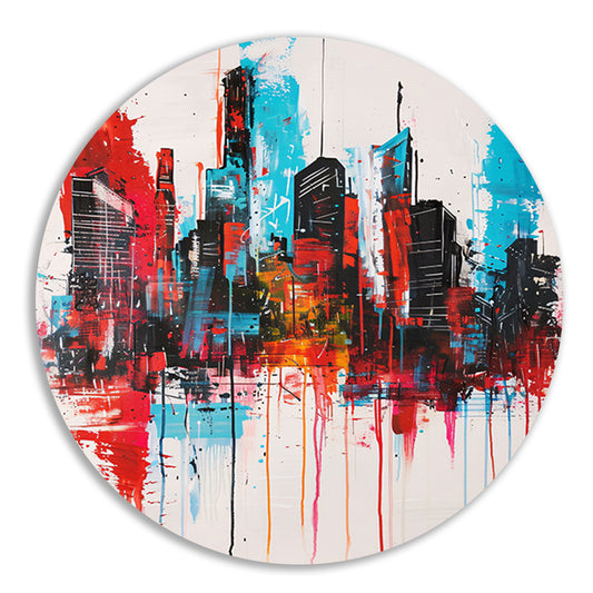 Abstract schilderij van stadsgezicht met kleuren aluminium muurcirkel