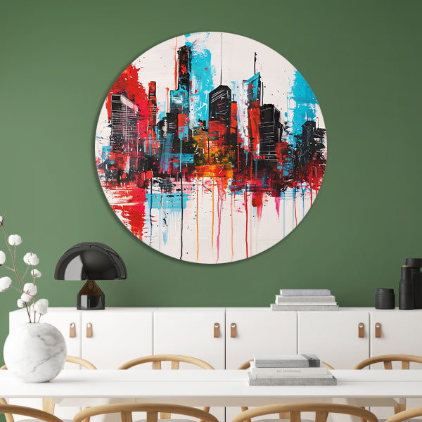 Abstract schilderij van stadsgezicht met kleuren aluminium muurcirkel