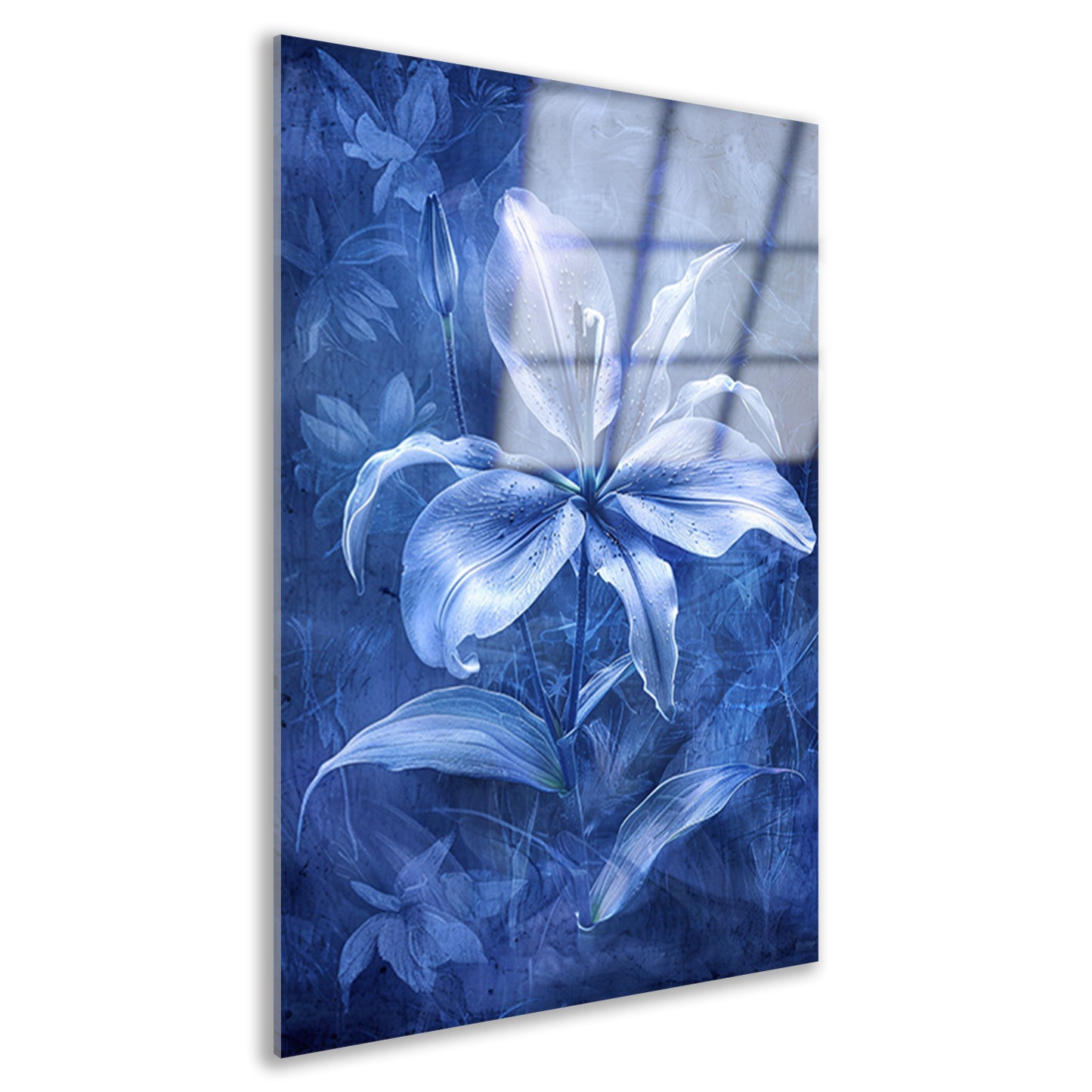 Gedetailleerde digitale lelie in blauw-wit acrylglas