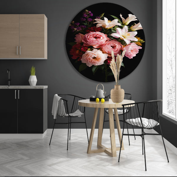 Levendige Bloemen tegen Zwarte Achtergrond forex muurcirkel