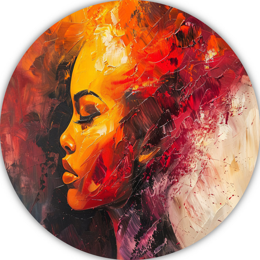 Expressieve abstracte vrouw in warme tinten aluminium muurcirkel