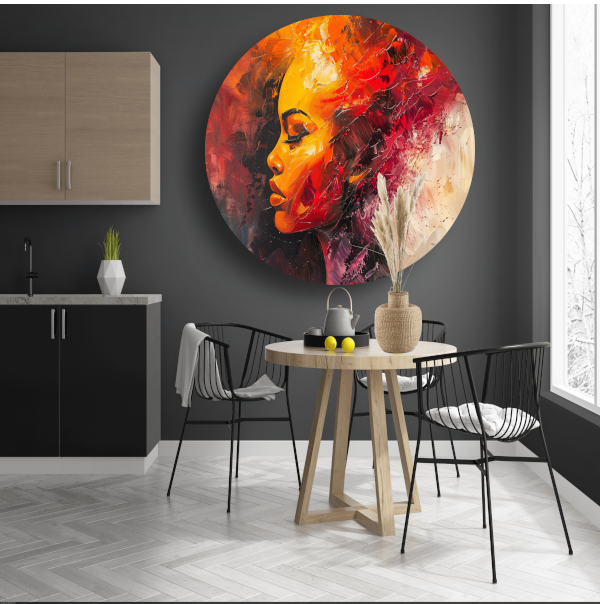 Expressieve abstracte vrouw in warme tinten aluminium muurcirkel