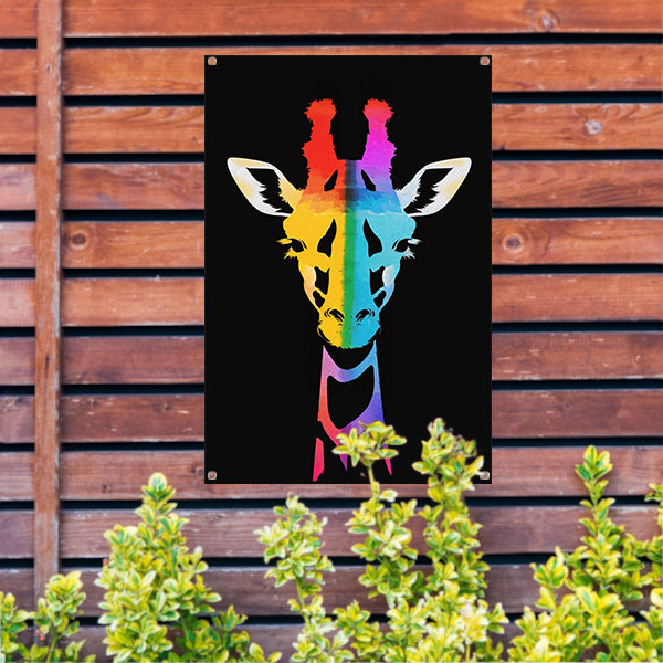 Abstracte kleurrijke giraffe in regenboogkleuren tuinposter