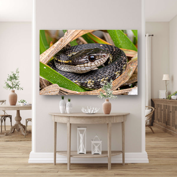 Slang verscholen tussen groene bladeren canvas