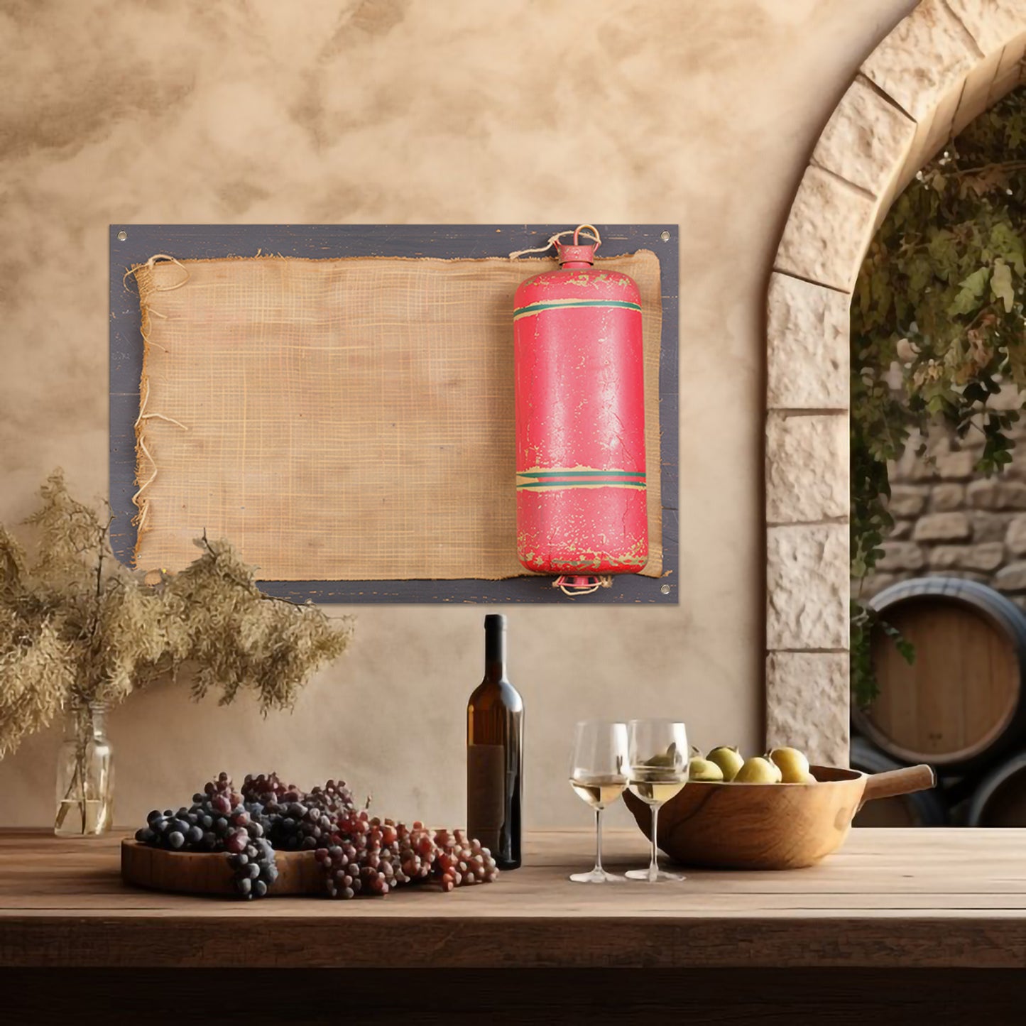 Vintage vuurblusser met verweerd doek tuinposter
