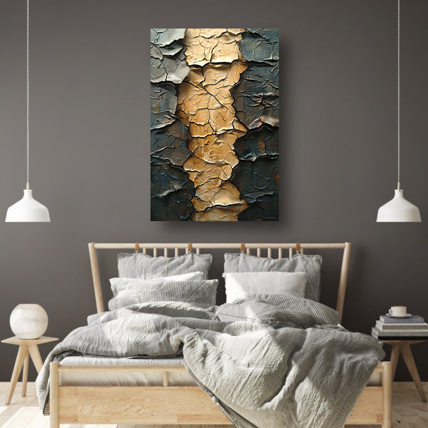 Abstract met barsten en goudkleur canvas met baklijst