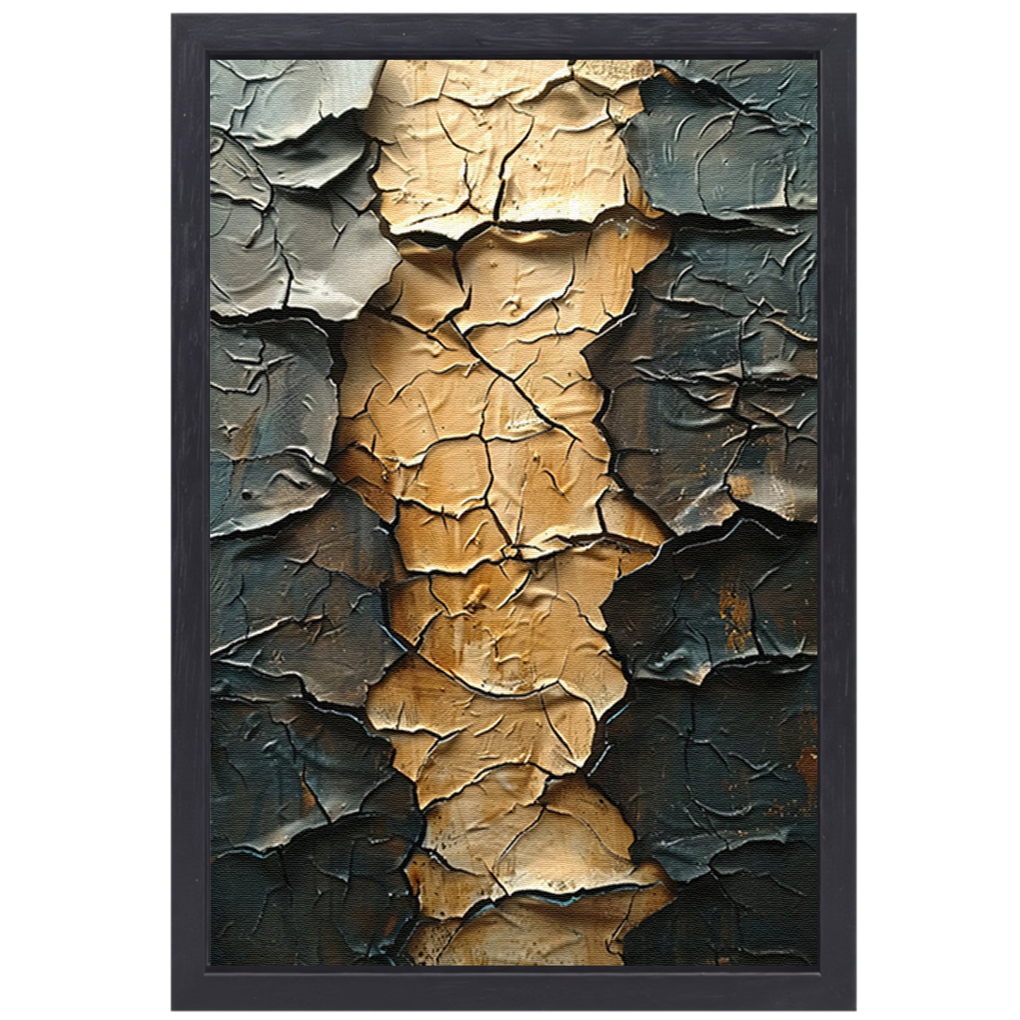 Abstract met barsten en goudkleur canvas met baklijst