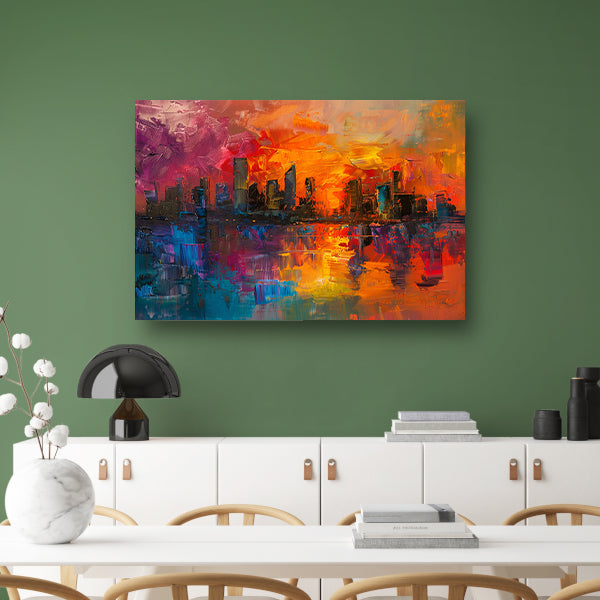 Kleurrijke abstracte skyline bij zonsondergang reflectie poster