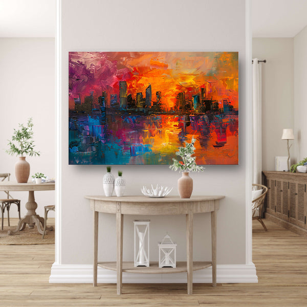 Kleurrijke abstracte skyline bij zonsondergang reflectie poster