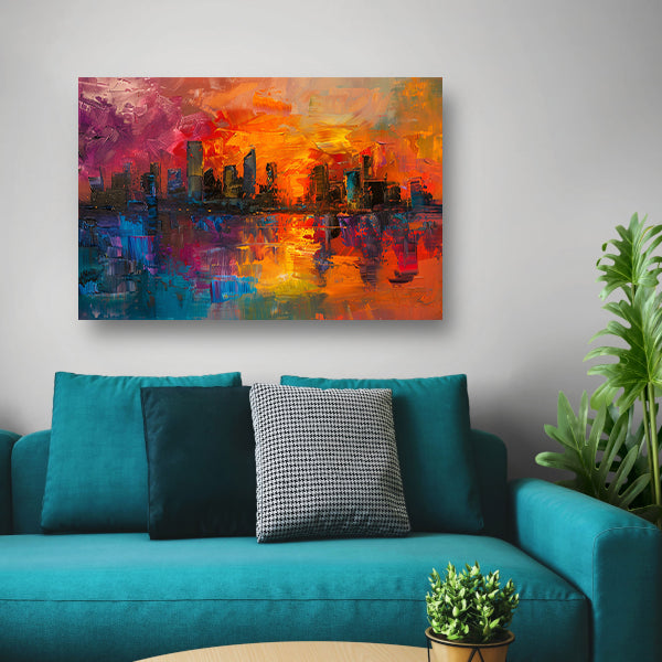 Kleurrijke abstracte skyline bij zonsondergang reflectie poster