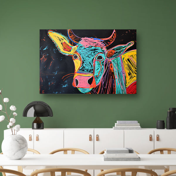 Abstracte kleurrijke koe op zwarte achtergrond poster