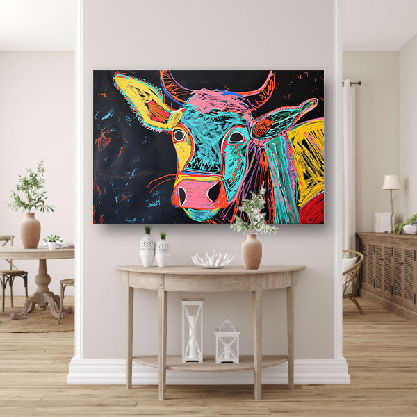Abstracte kleurrijke koe op zwarte achtergrond poster