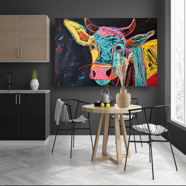 Abstracte kleurrijke koe op zwarte achtergrond acrylglas