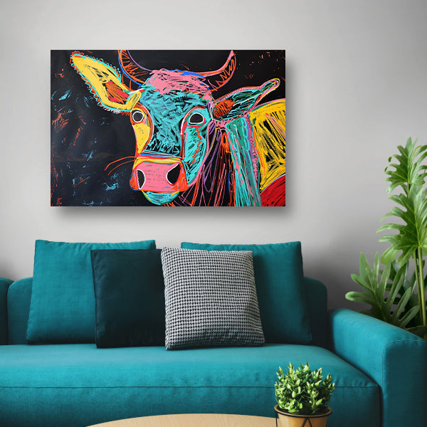 Abstracte kleurrijke koe op zwarte achtergrond poster