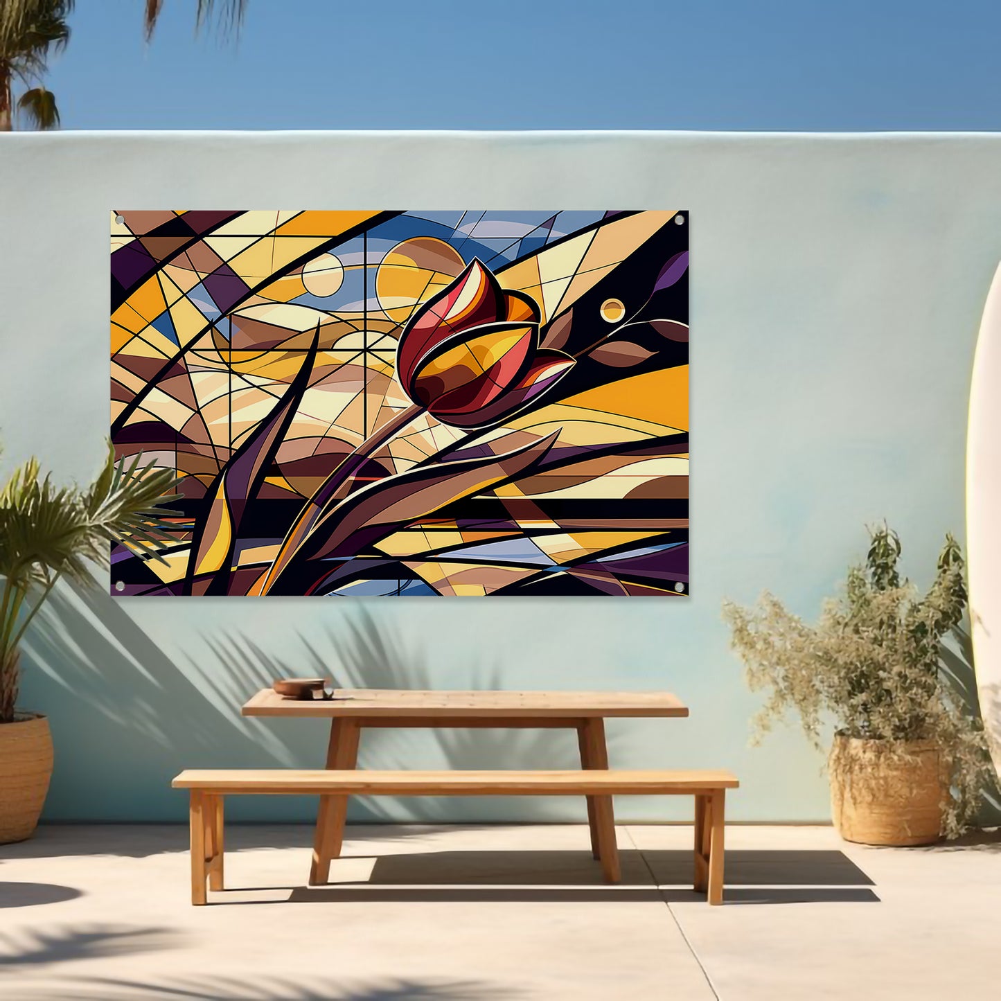 Kleurrijke abstracte tulpenkunst in kubistische stijl tuinposter