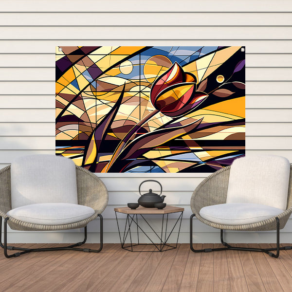 Kleurrijke abstracte tulpenkunst in kubistische stijl tuinposter