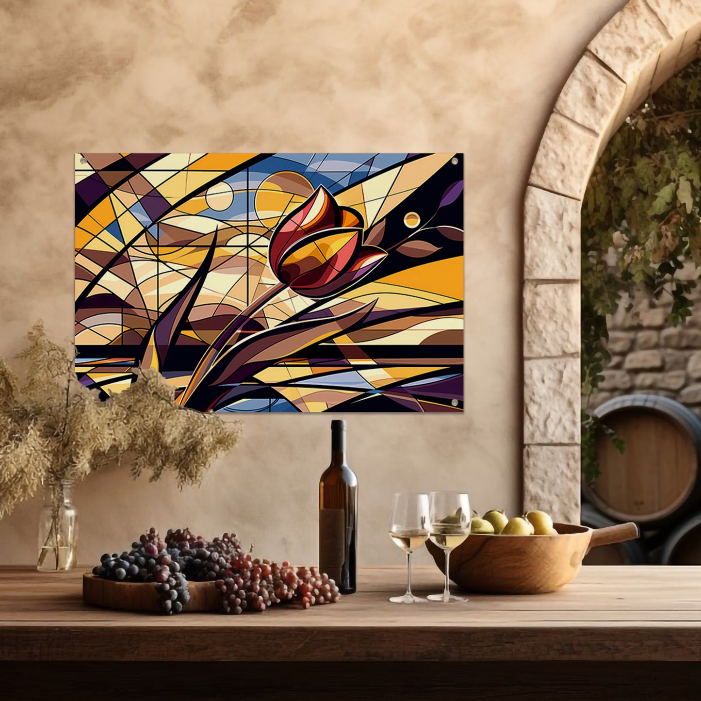 Kleurrijke abstracte tulpenkunst in kubistische stijl tuinposter