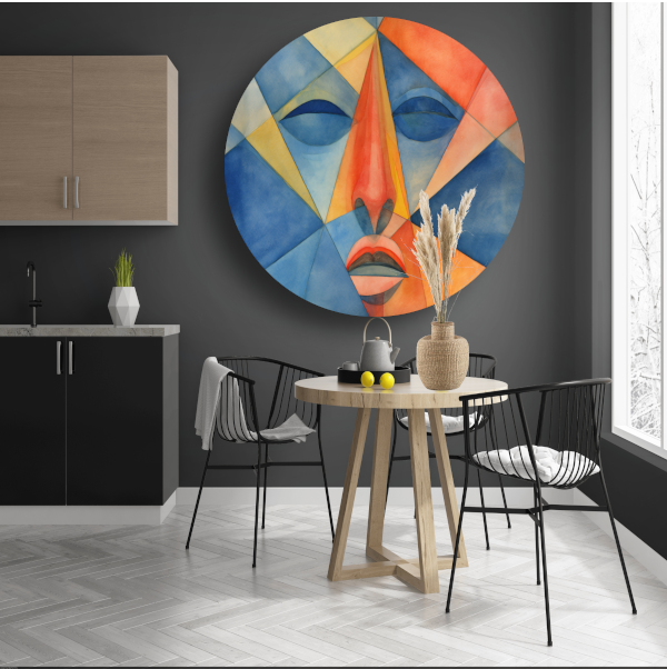 Geometrisch portret in lijnenspel aluminium muurcirkel