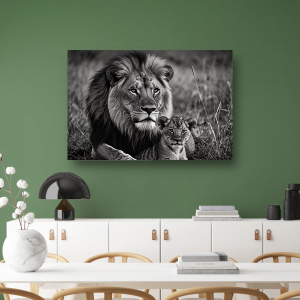 Majestueuze leeuwin met haar welp in zwart-wit poster