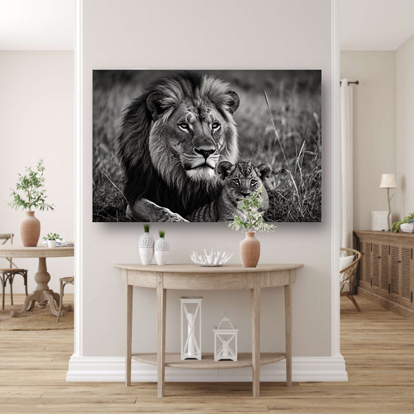 Majestueuze leeuwin met haar welp in zwart-wit poster