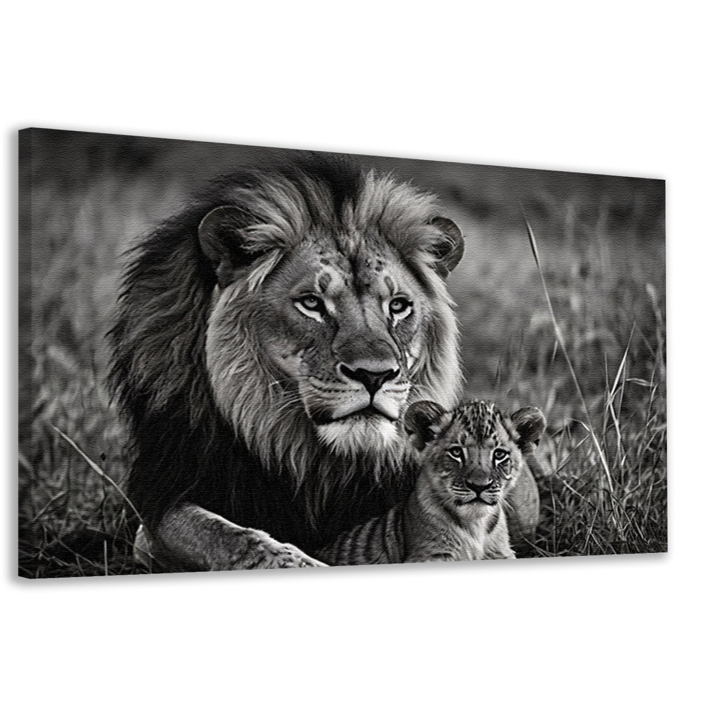 Majestueuze leeuwin met haar welp in zwart-wit canvas