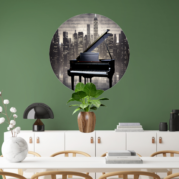 Piano en Stadssilhouet bij Nacht forex muurcirkel