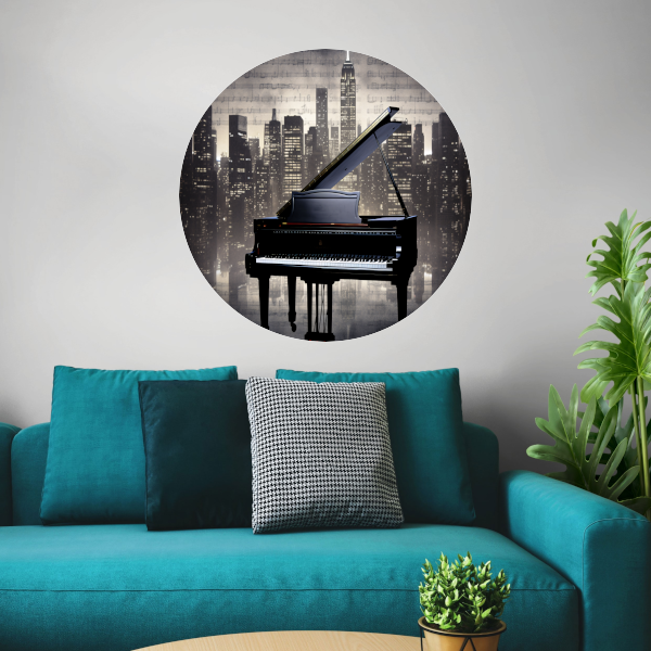 Piano en Stadssilhouet bij Nacht forex muurcirkel