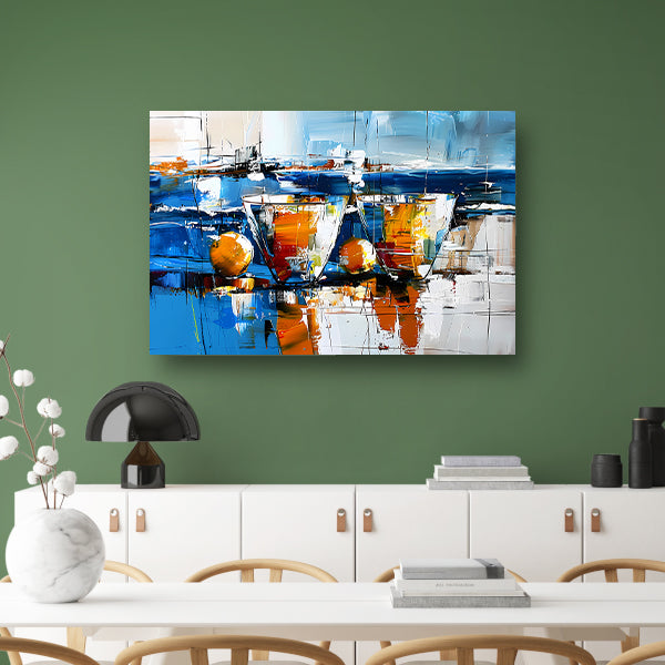 Abstract schilderij van glazen en vruchten poster