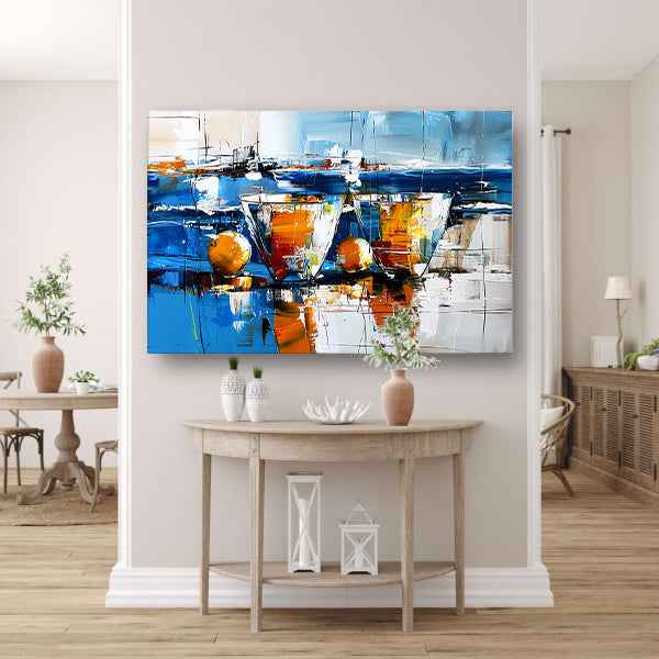 Abstract schilderij van glazen en vruchten poster