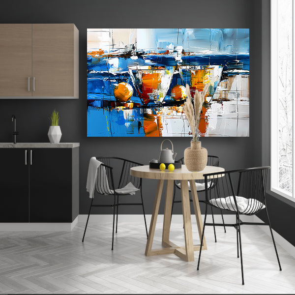 Abstract schilderij van glazen en vruchten poster