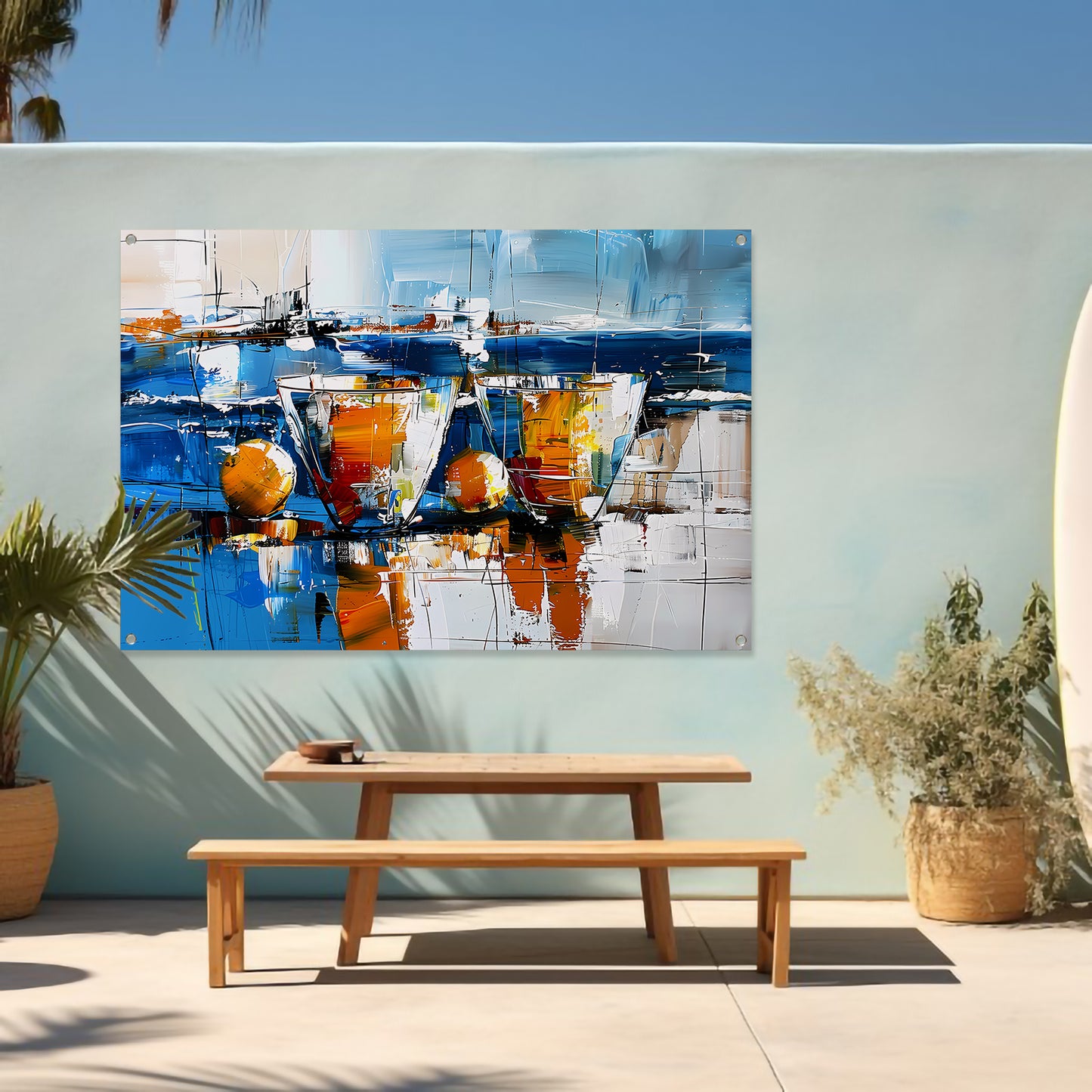 Abstract schilderij van glazen en vruchten tuinposter