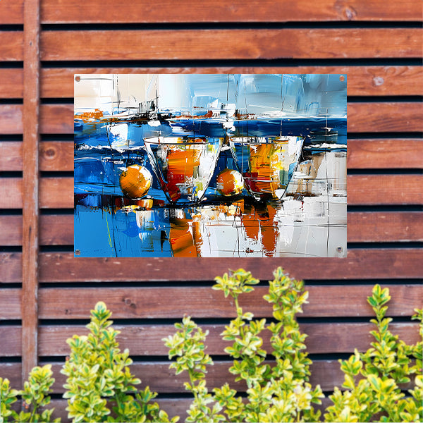 Abstract schilderij van glazen en vruchten tuinposter