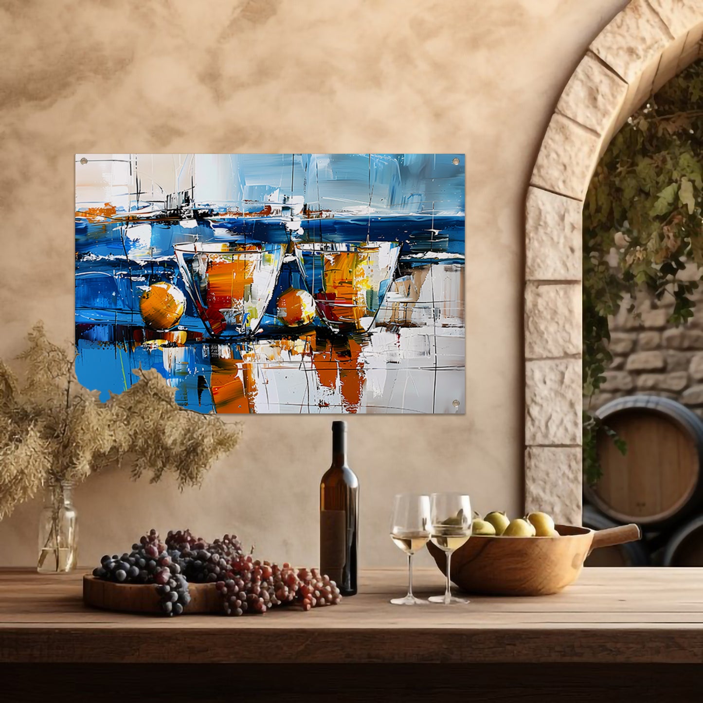 Abstract schilderij van glazen en vruchten tuinposter