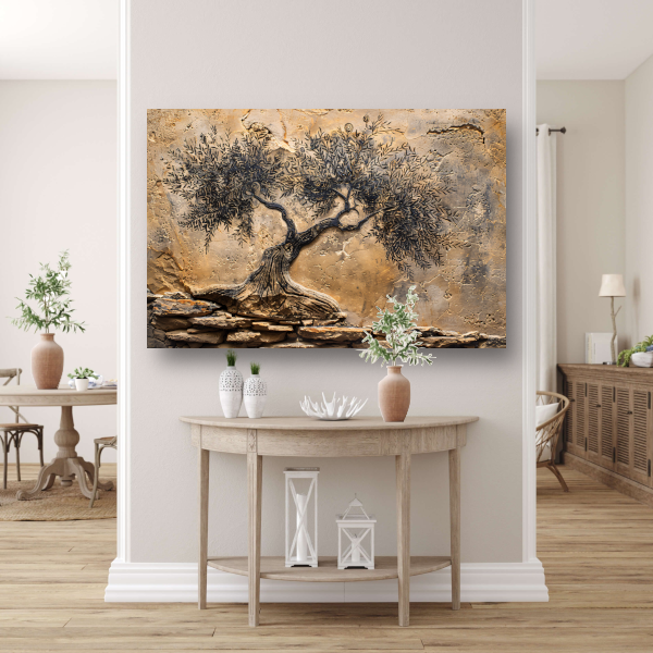 Olijfboom in sepia tonen op steen canvas met baklijst