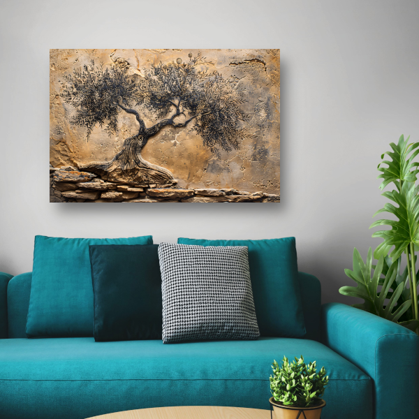 Olijfboom in sepia tonen op steen canvas met baklijst
