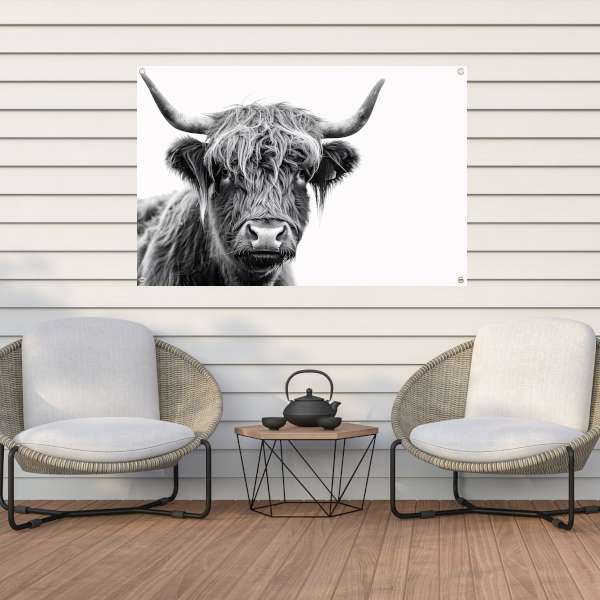Close-up van een Schotse Hooglander in zwart-wit tuinposter