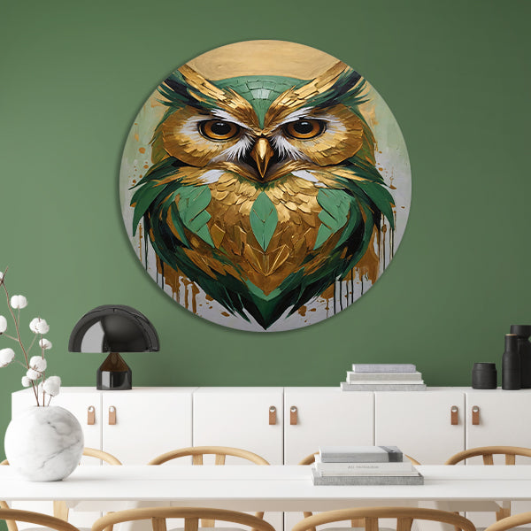 Abstracte Uil in Goud en Groen Tinten aluminium muurcirkel