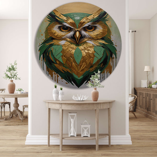 Abstracte Uil in Goud en Groen Tinten aluminium muurcirkel
