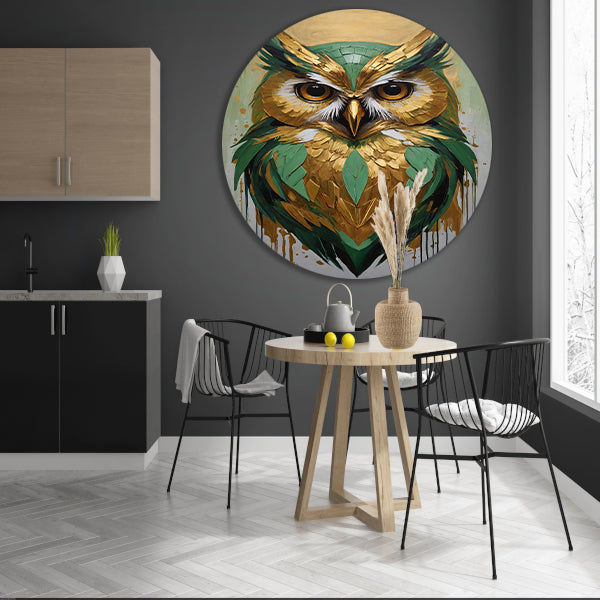 Abstracte Uil in Goud en Groen Tinten aluminium muurcirkel