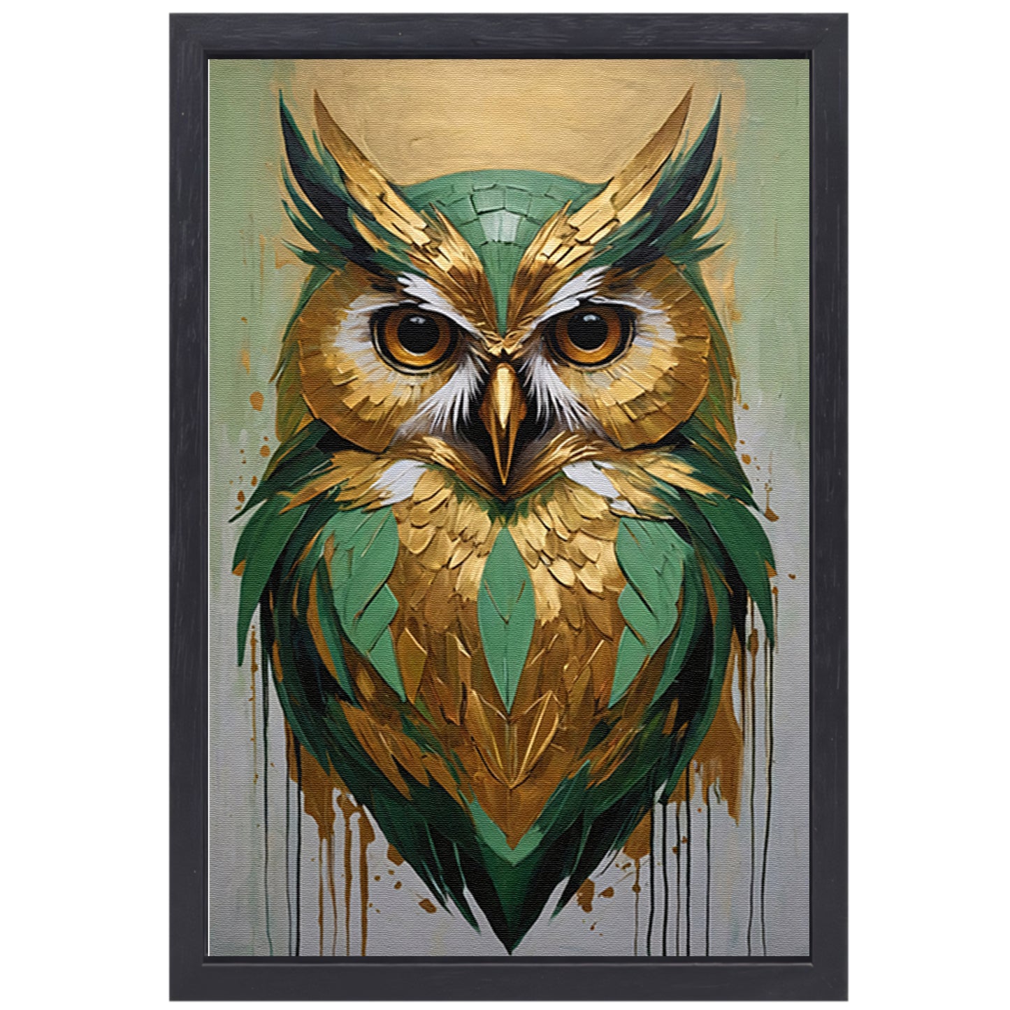 Abstracte Uil in Goud en Groen Tinten canvas met baklijst