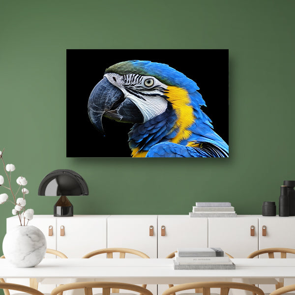 Realistisch schilderij van kleurrijke papegaai canvas met baklijst