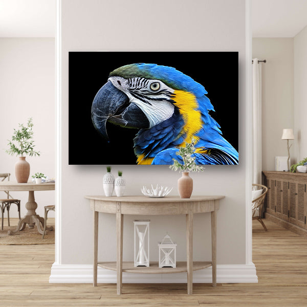 Realistisch schilderij van kleurrijke papegaai canvas met baklijst