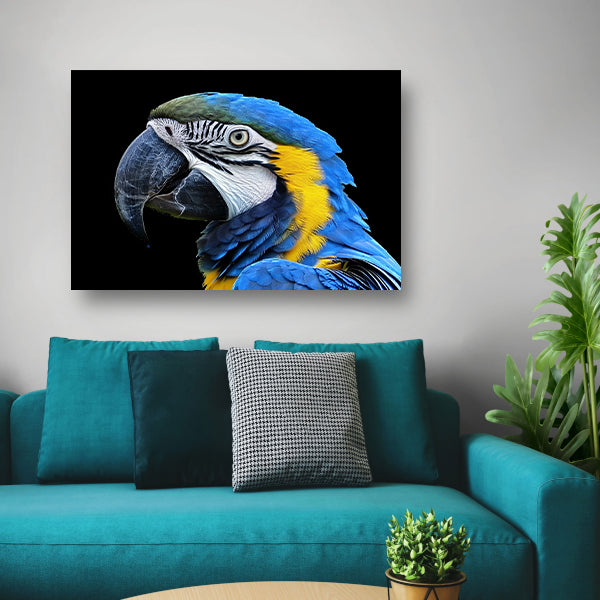 Realistisch schilderij van kleurrijke papegaai canvas met baklijst