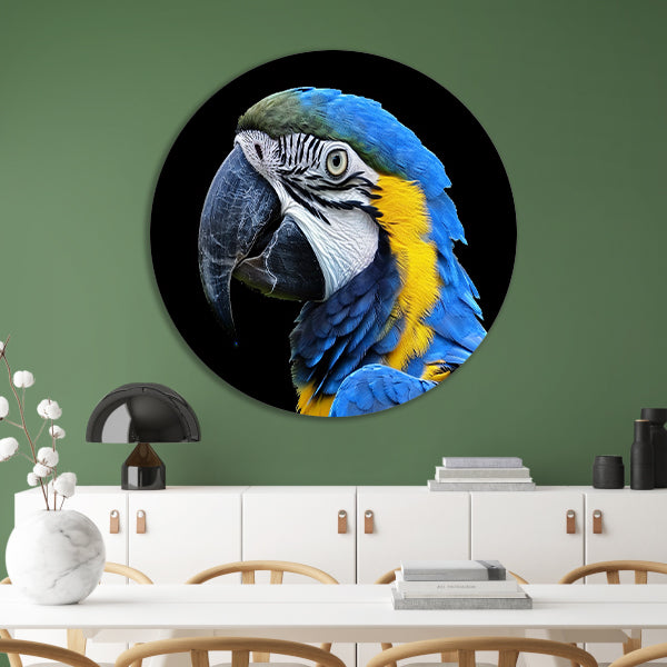 Realistisch schilderij van kleurrijke papegaai aluminium muurcirkel