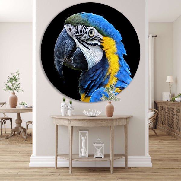Realistisch schilderij van kleurrijke papegaai aluminium muurcirkel